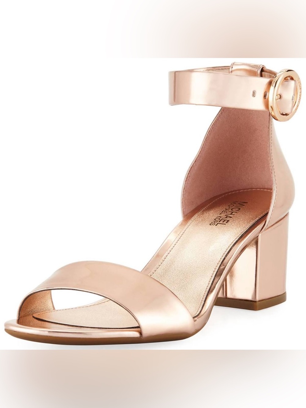 Michael Kors Metallic Rose Gold Block Heel Sandal with Ankle Buckle
